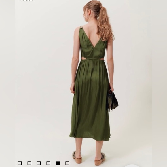 SIZE 34 MAJE KHAKI SATIN LONG STRAIGHT-CUT DRESS WITH OPENWORK AT THE WAIST 👗 - Picture 6 of 11